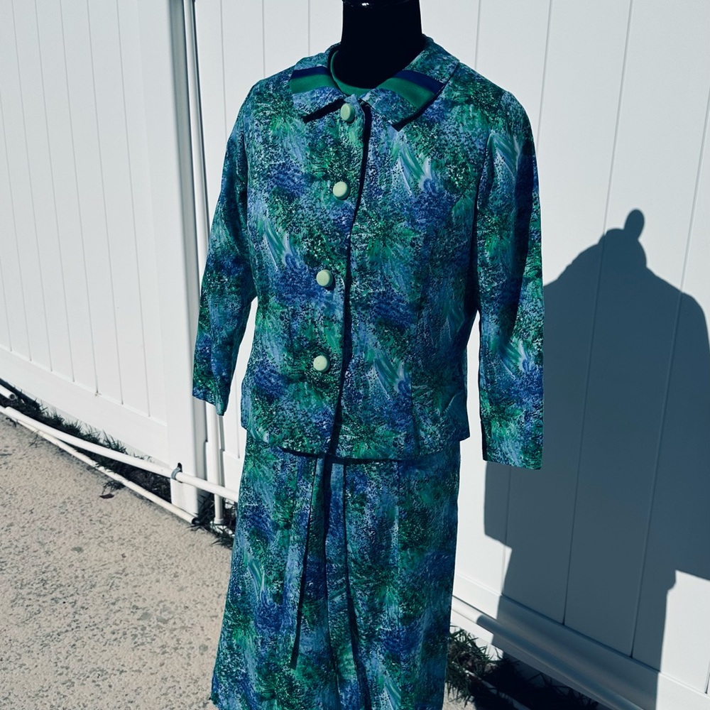 Edward Mesrobian Vintage Women's Green and Blue Watercolor Silk Suit Set